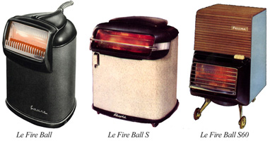 Trois modles de 'fire ball', appareil  gaz butane mobile fabriqu  Revin et  Nevers entre 1953 et 1956.